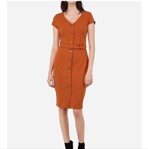 Express belted button front sheeth dress in rusty orange